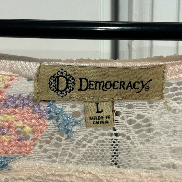 Democracy Womens Floral Lace Tie-Front Detail Semi-Sheer Blouse Size L Boho Chic - Picture 5 of 10